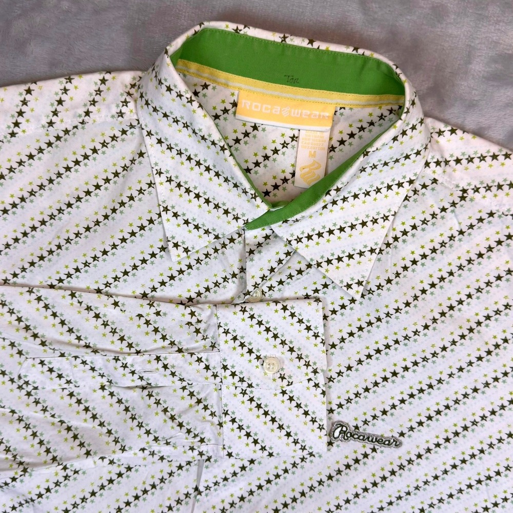 Vintage Rocawear Shirt Mens Medium White All Over‎ Star Print Y2K Jay-Z Hip Hop